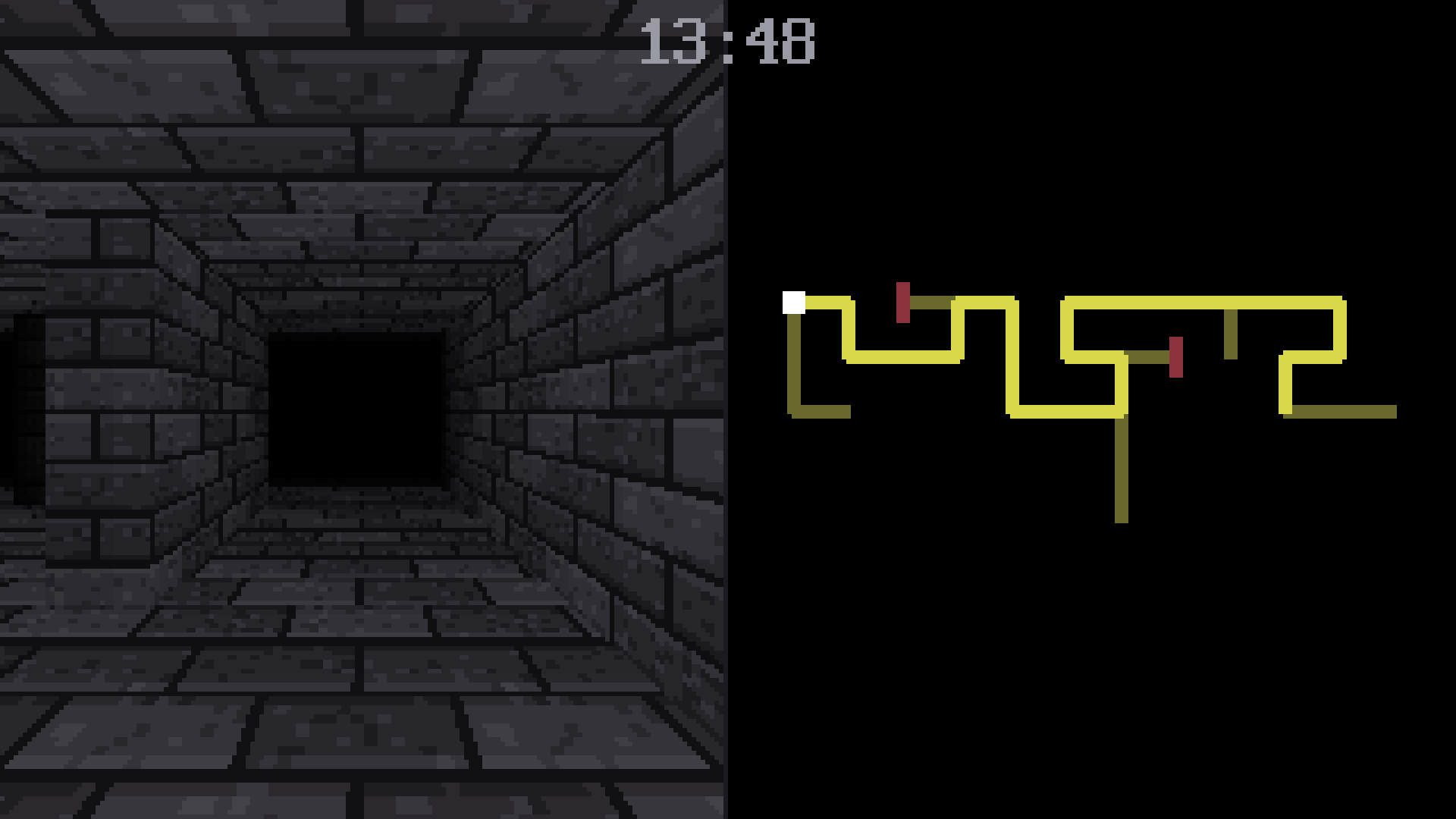 A stone corridor with the map beside it